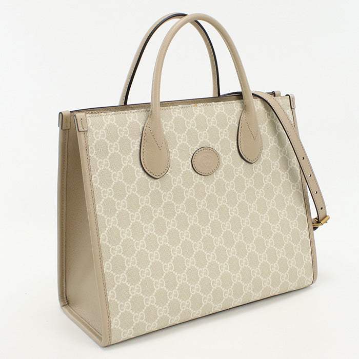 Gucci 659983 Tote Bag Interlocking G Small 2way Tote Bag Gg Supreme, Leather Beige Women