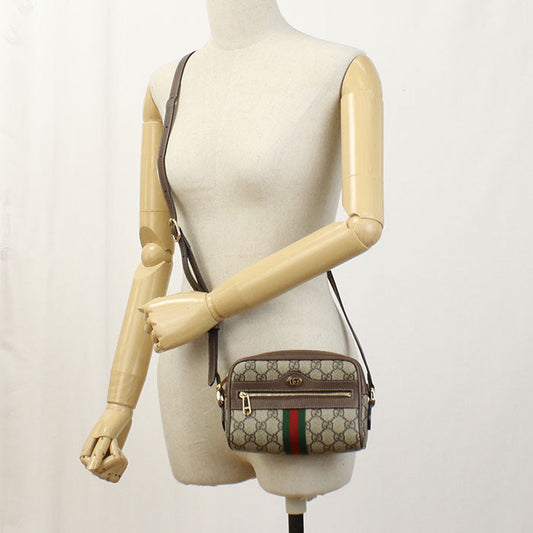 Gucci 517350 Mini Shoulder Bag Diagonal Leather/Gg Supreme Canvas Beige Woman