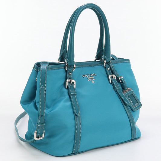 Prada Bn1841 Tote Bag 2 Way Tote Bag Nylon,Leather Emerald Blue Women